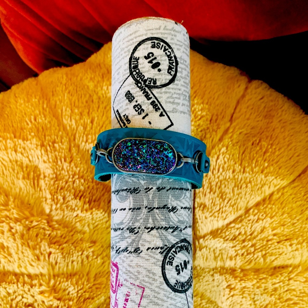 Leather wrap bracelet w/iridescent charm attachment